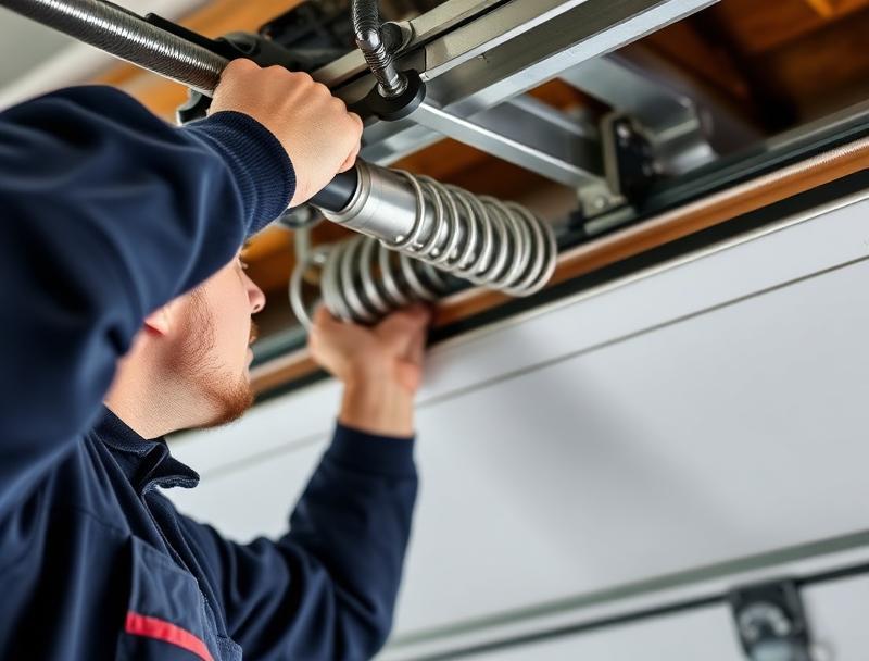 Professional technician replacing garage door torsion spring