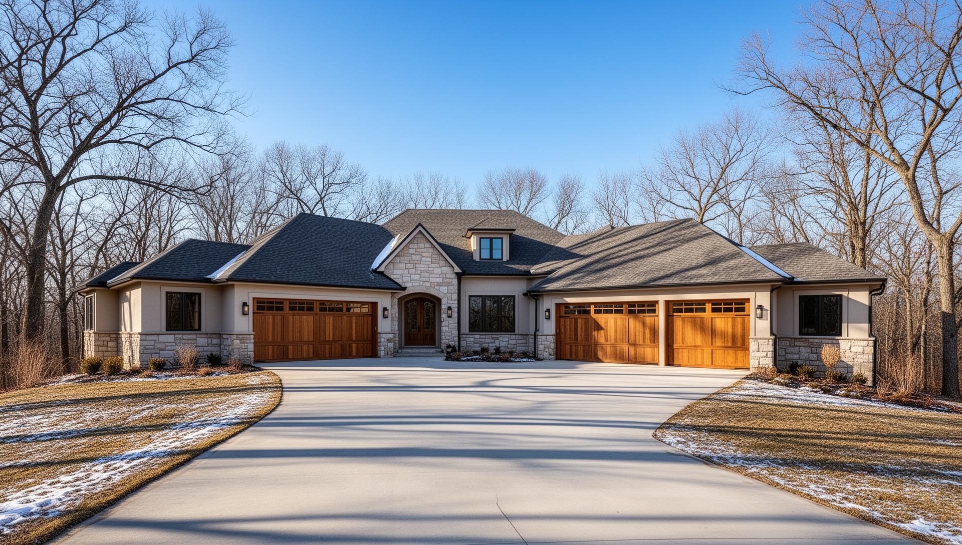 Premium insulated steel garage doors with wood overlay on ranch style home